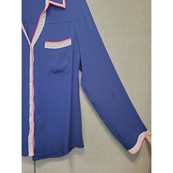 Express Portofino Blue Contrast Trim Roll-Tab Sleeve Button-Up Shirt Size Medium - Picture 2 of 6
